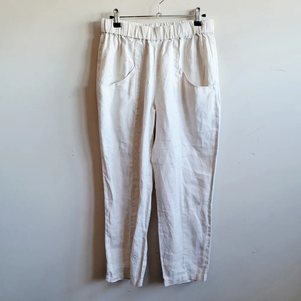 Linen-Blend Cream High-Waist Pants
